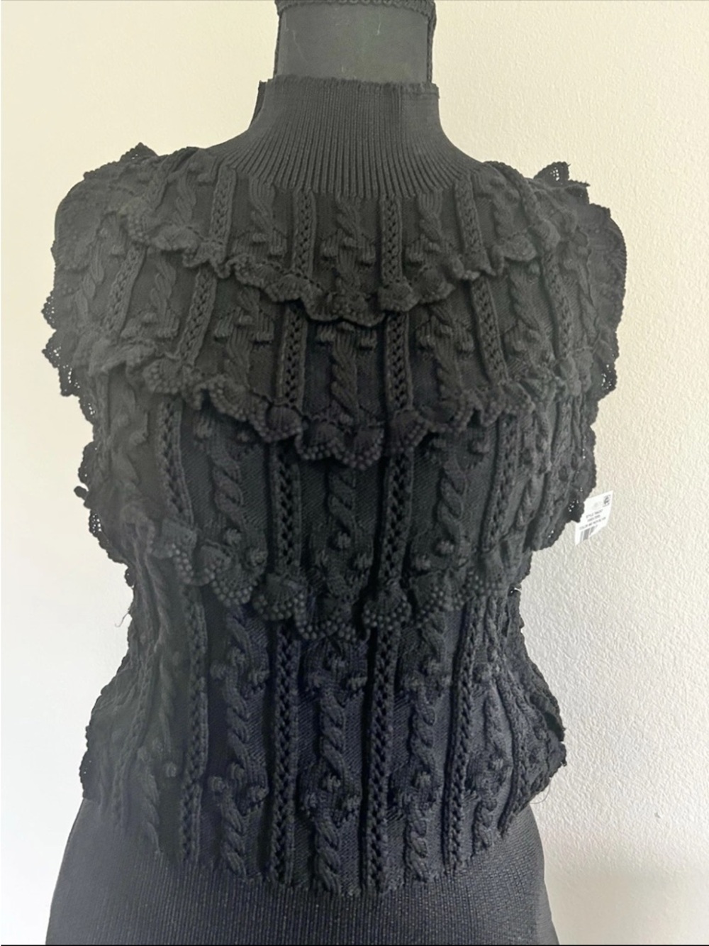 CeCe Black Ruffled Cable-Knit Turtleneck Sweater